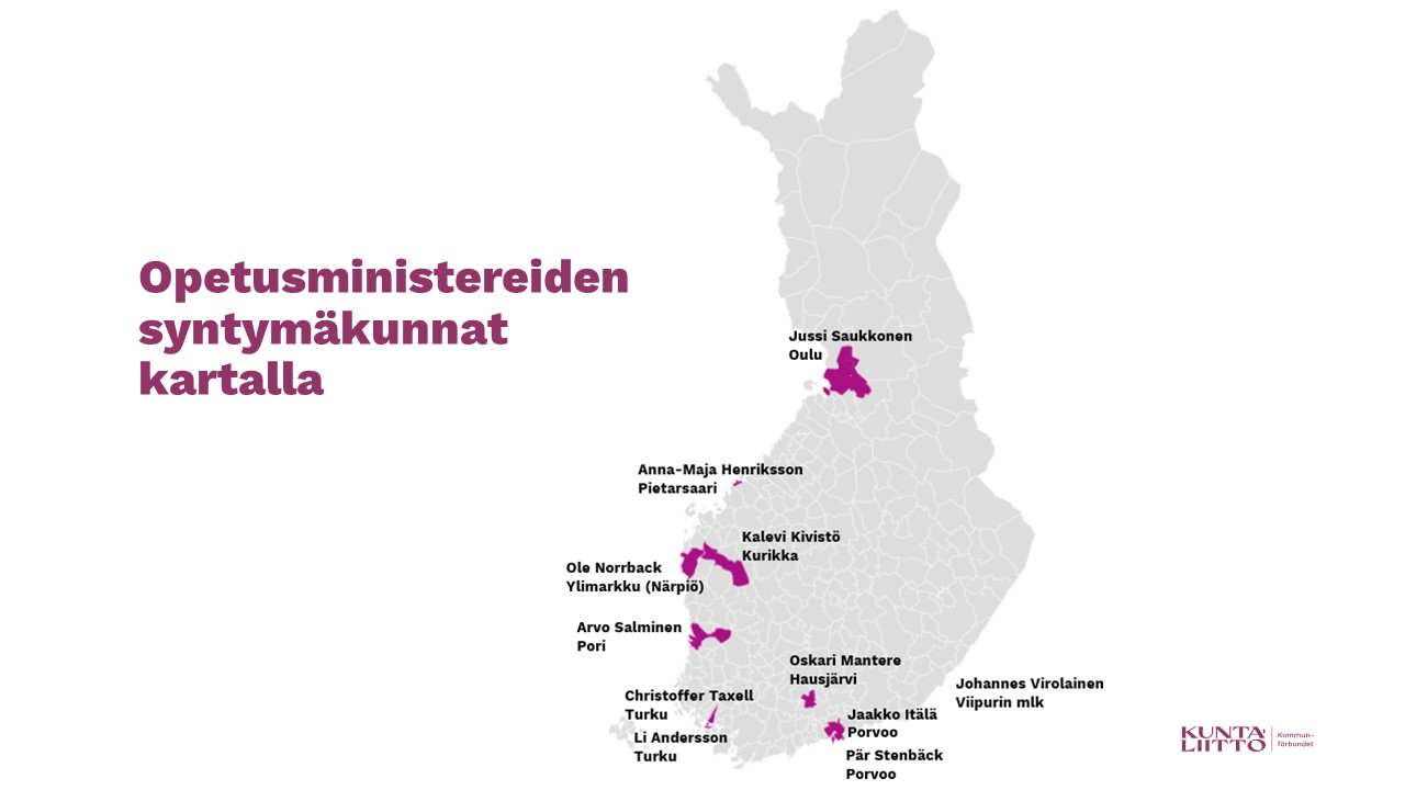 Opetusministereiden syntymäkunnat kartalla.