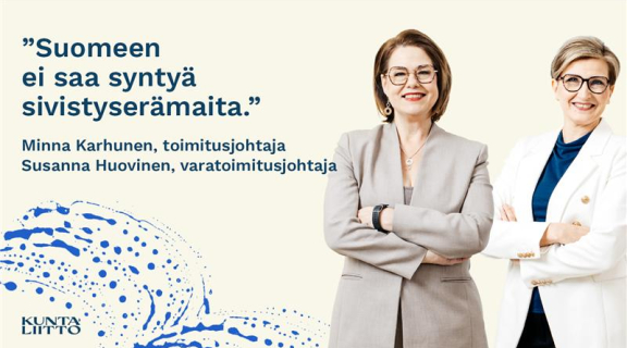 Kaksi naista vaalealla taustalla ja tekstiä.