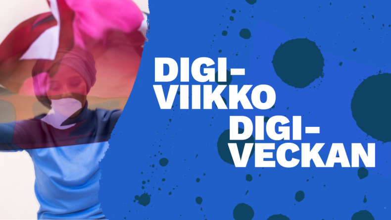 Kuvituskuva. Nainen ja huivi sekä Digiviikko ja Digiveckan tekstit.