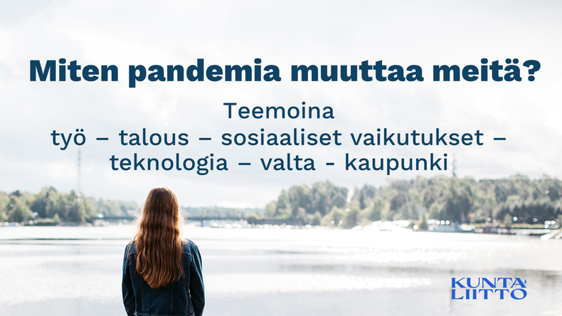 kuvituskuva jossa kerrotaan koronaennakoinnin teemat: työ, talous, sosiaaliset vaikutukset, teknologia, valta ja kaupunki